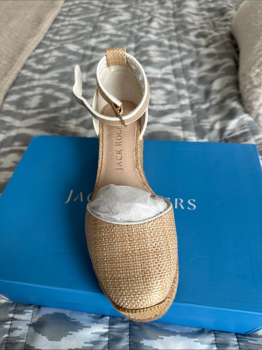 Jack Rogers Tan Woven Espadrille Wedge with White Ankle Strap